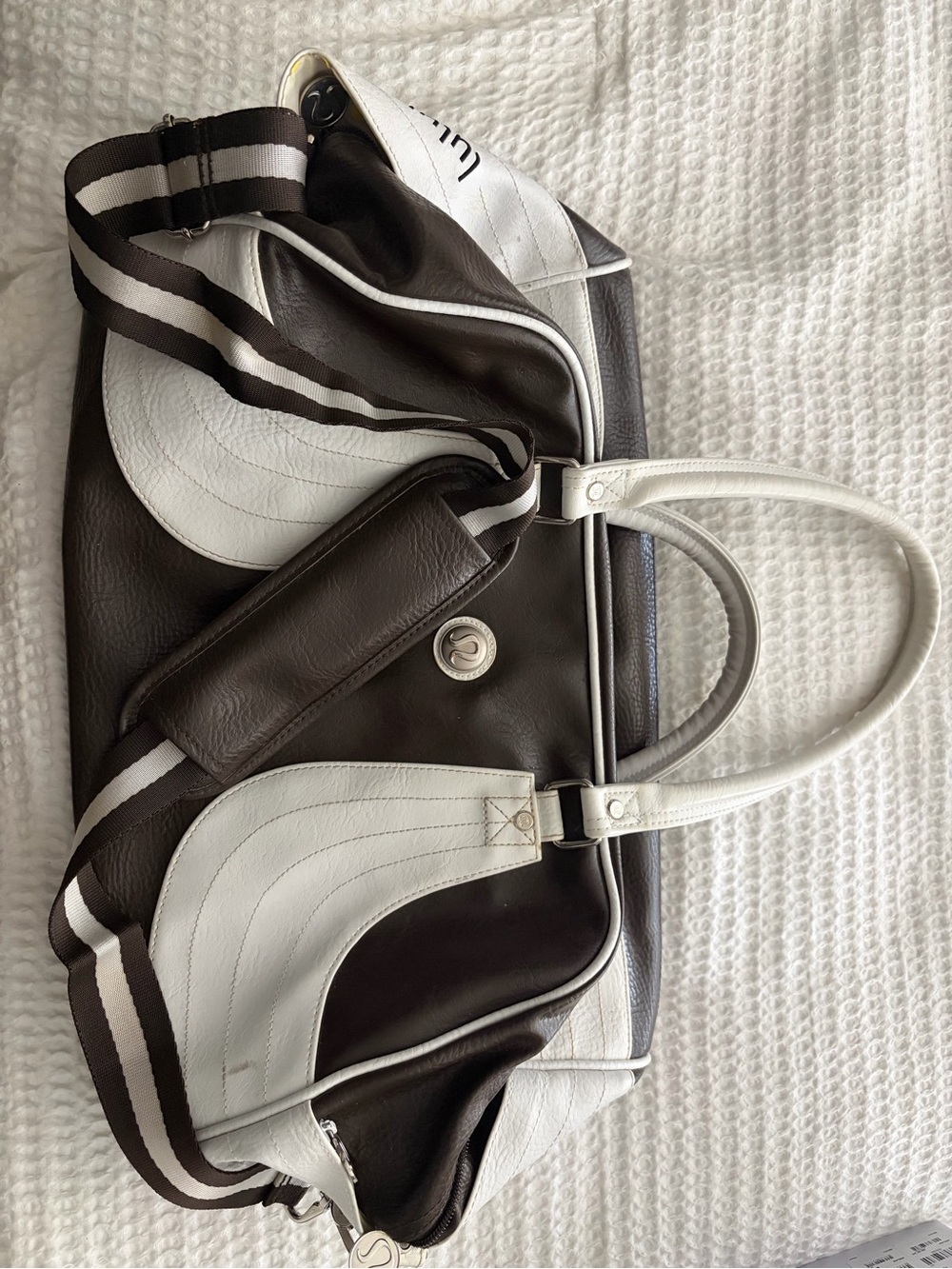 lululemon athletica Brown and White Leather Duffel with Striped Strap